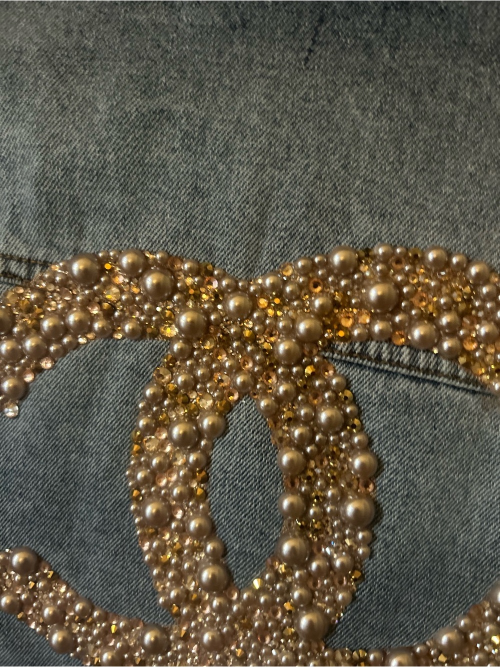 Custom Beaded Blue Denim Jacket with GG, LV and CC Beading. Collar Detachable - Picture 2 of 6